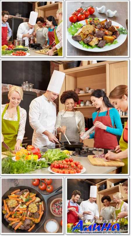 Happy friends and chef cook cooking in kitchen